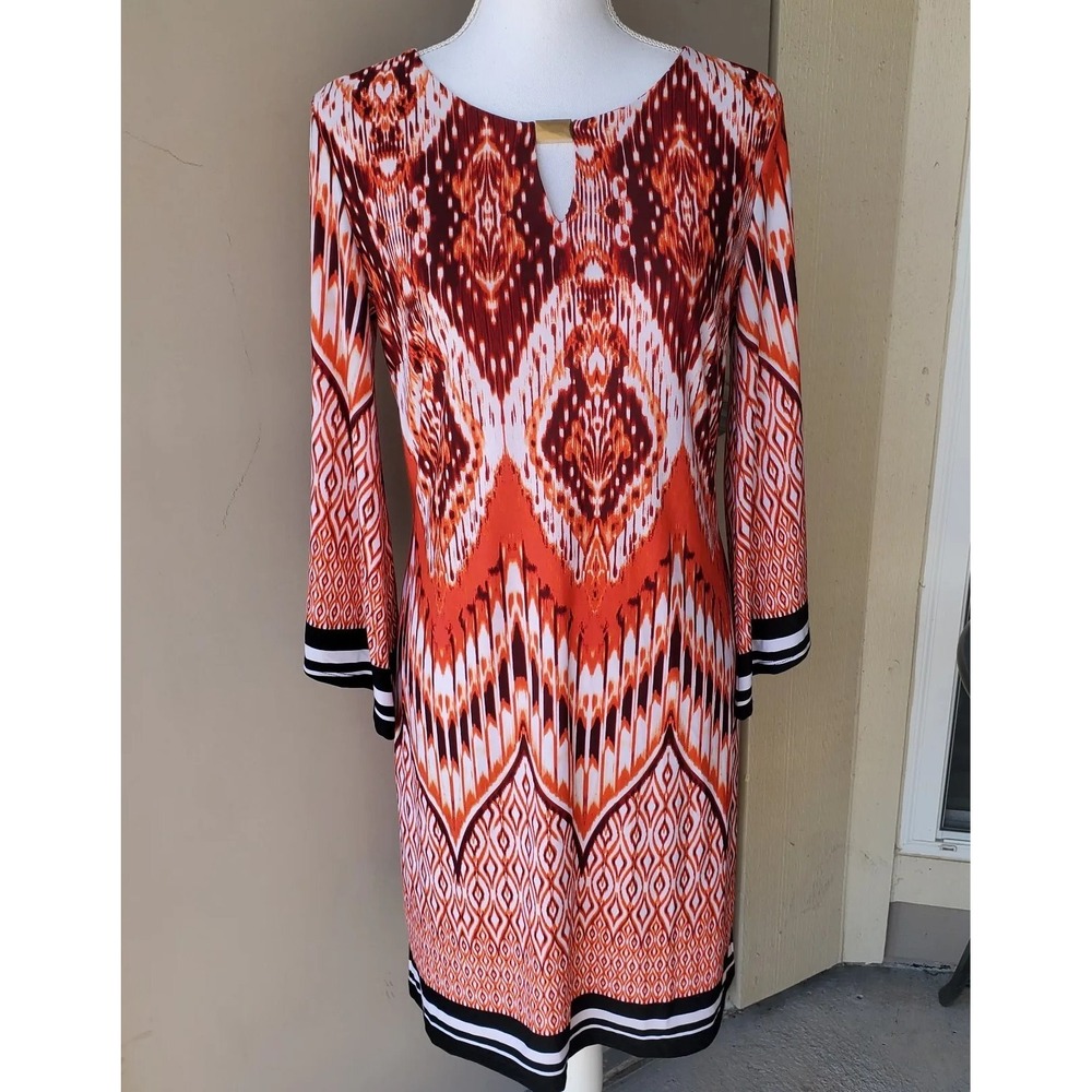 Enfocus‎ Studio Shift Dress Womens 6 Orange Tribal Boho Ikat Tribal Wanderlust